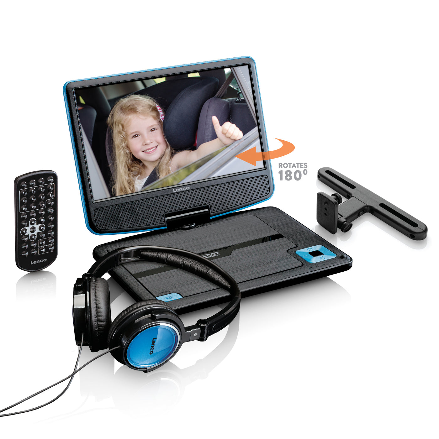 LENCO DVP-910BU - Portable 9" DVD player with USB headphones and mounting bracket - Blue/black